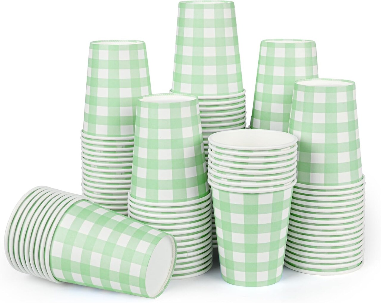 120-pack of 9 oz sage green gingham paper cups, featuring a checkered design. Perfect for weddings, birthdays, baby showers, picnics, or any festive occasion.